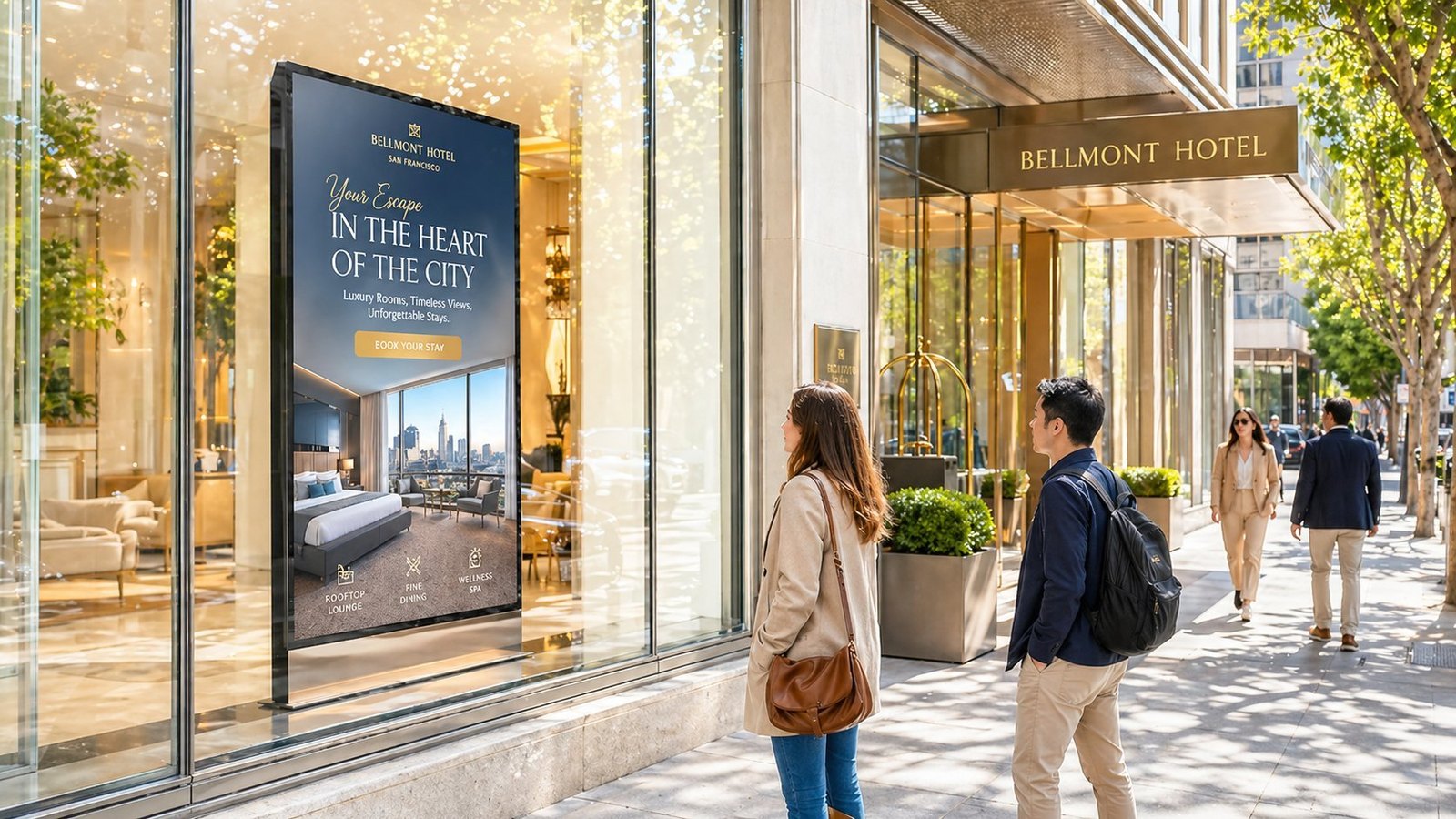 Totem digital FollowView3D devant un hôtel premium en pleine rue