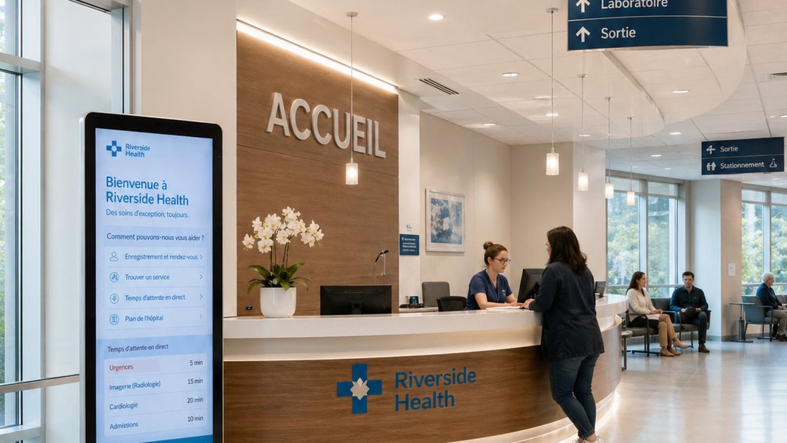 Borne digitale d'accueil dans un établissement de santé Riverside Health