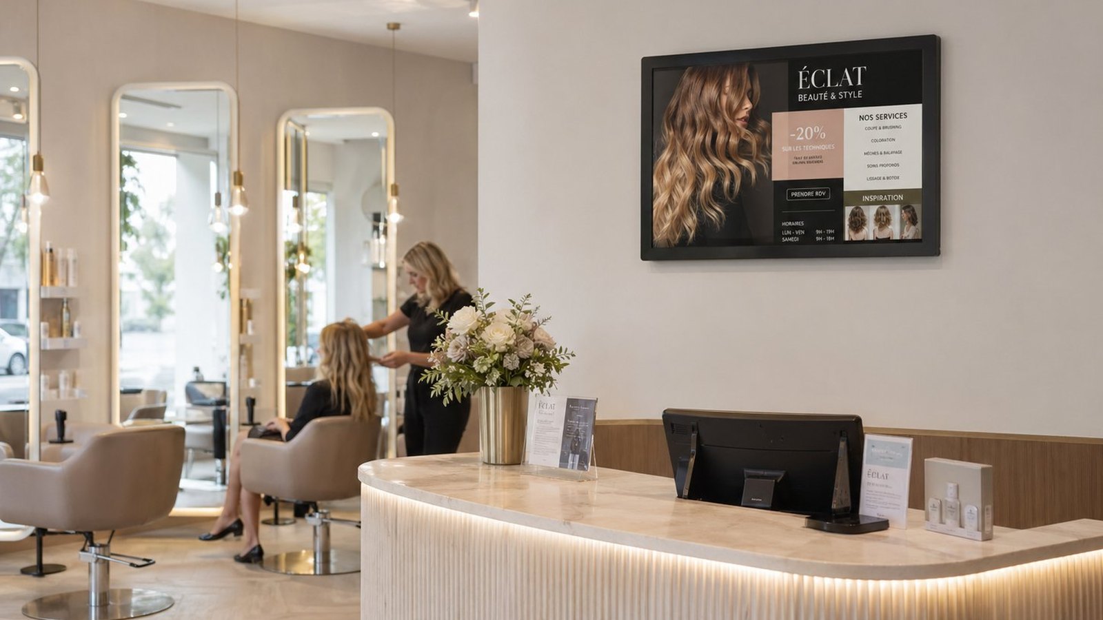 Écran dynamique mural dans un salon de coiffure Éclat Beauté & Style