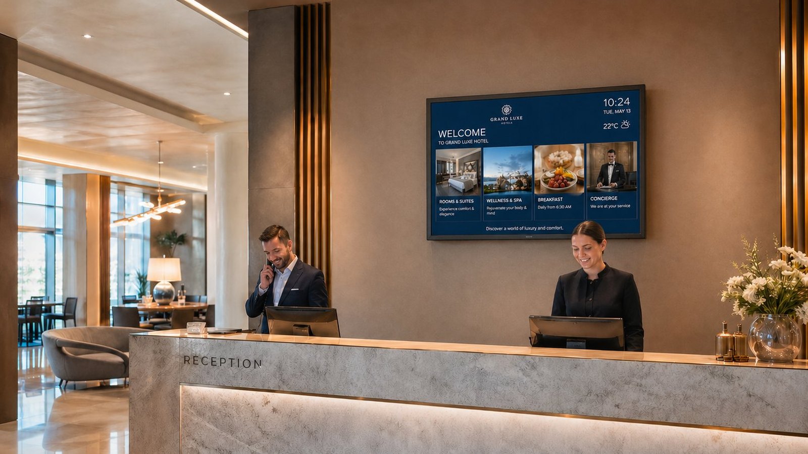 Écran dynamique en réception d'un hôtel Grand Luxe